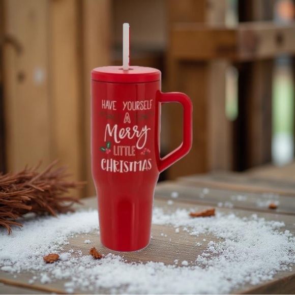 Red Christmas Travel Mug / Red Christmas Tumbler with Straw - Picture 3 of 11